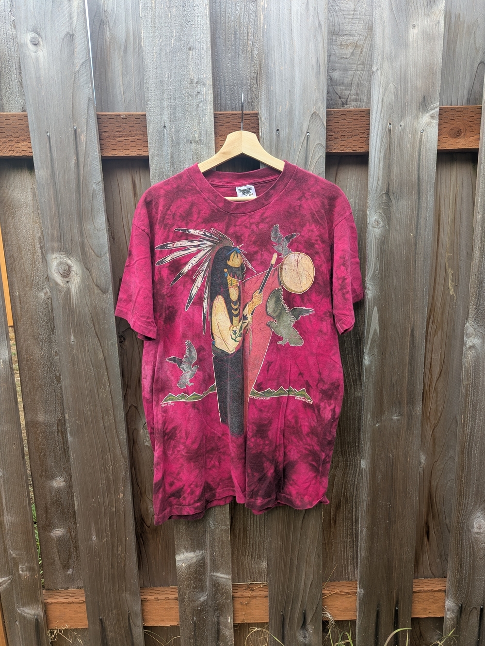1990's Men's Tie-Dye Graphic T-Shirt with Native-Inspired Print